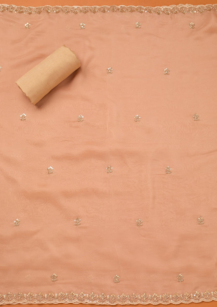 Peach Tissue Cutdana Unstitched Dress Material With Matching Bottom And Dupatta