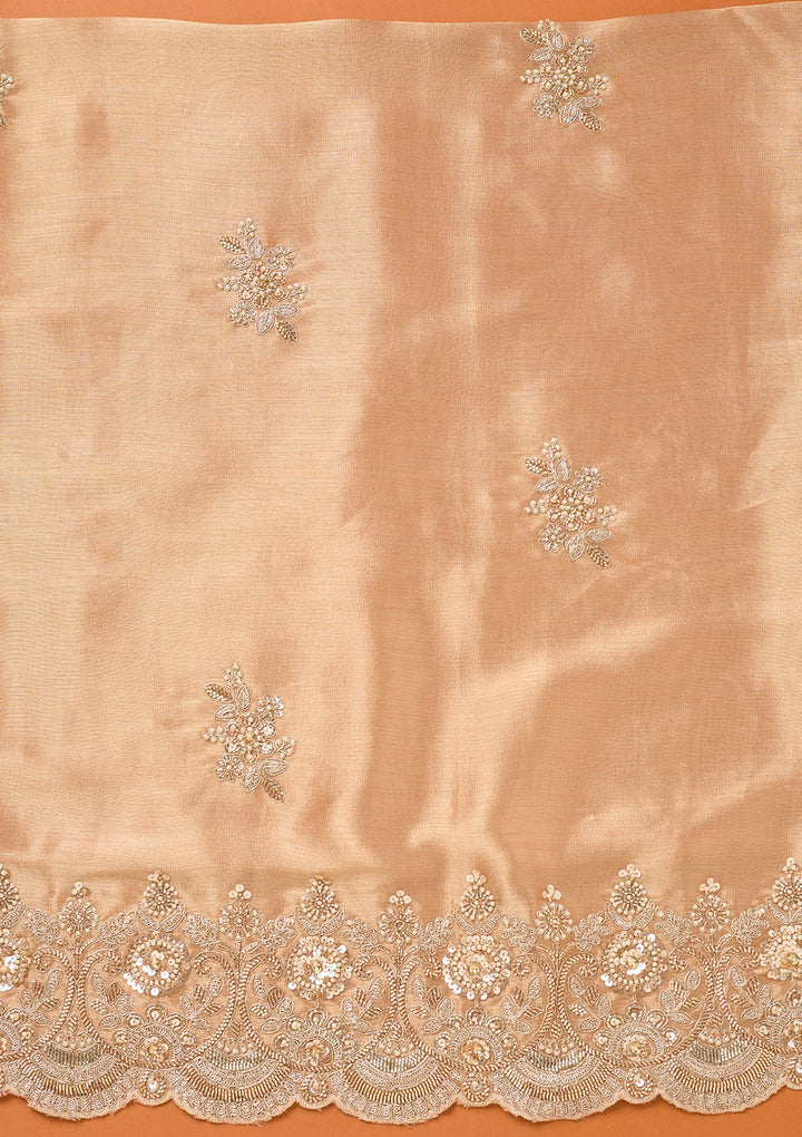 Peach Tissue Cutdana Unstitched Dress Material With Matching Bottom And Dupatta