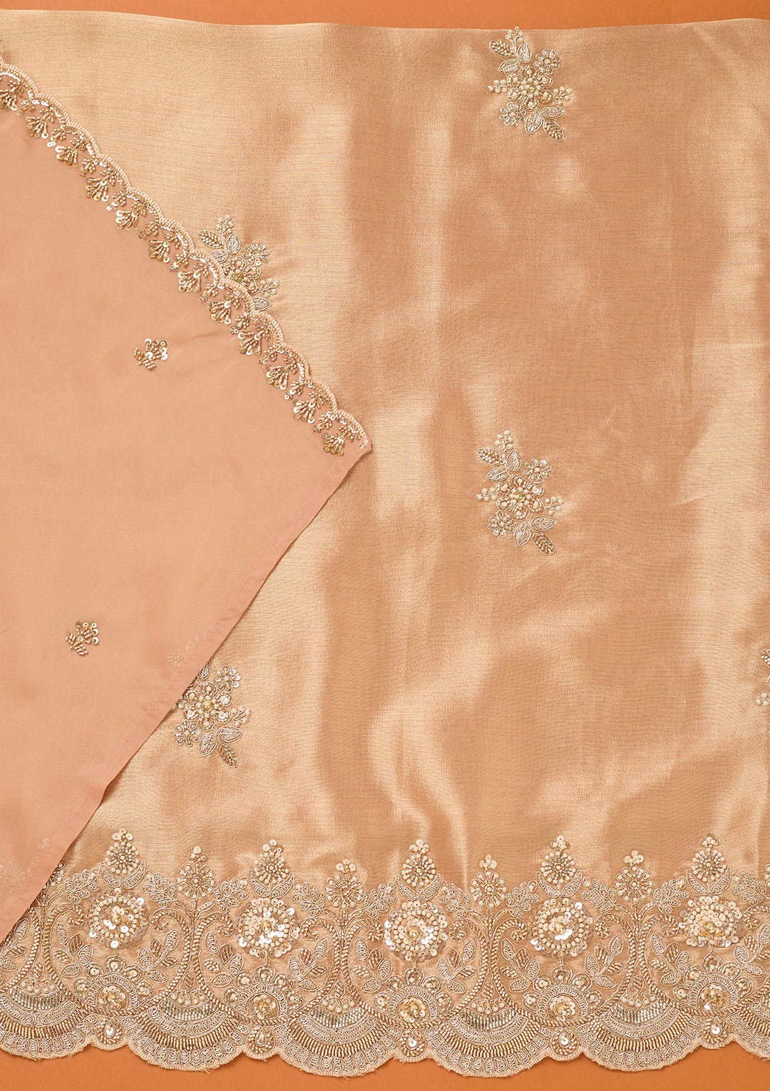 Peach Tissue Cutdana Unstitched Dress Material With Matching Bottom And Dupatta