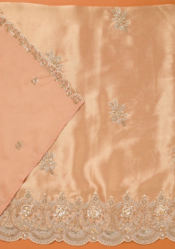 Peach Tissue Cutdana Unstitched Dress Material With Matching Bottom And Dupatta