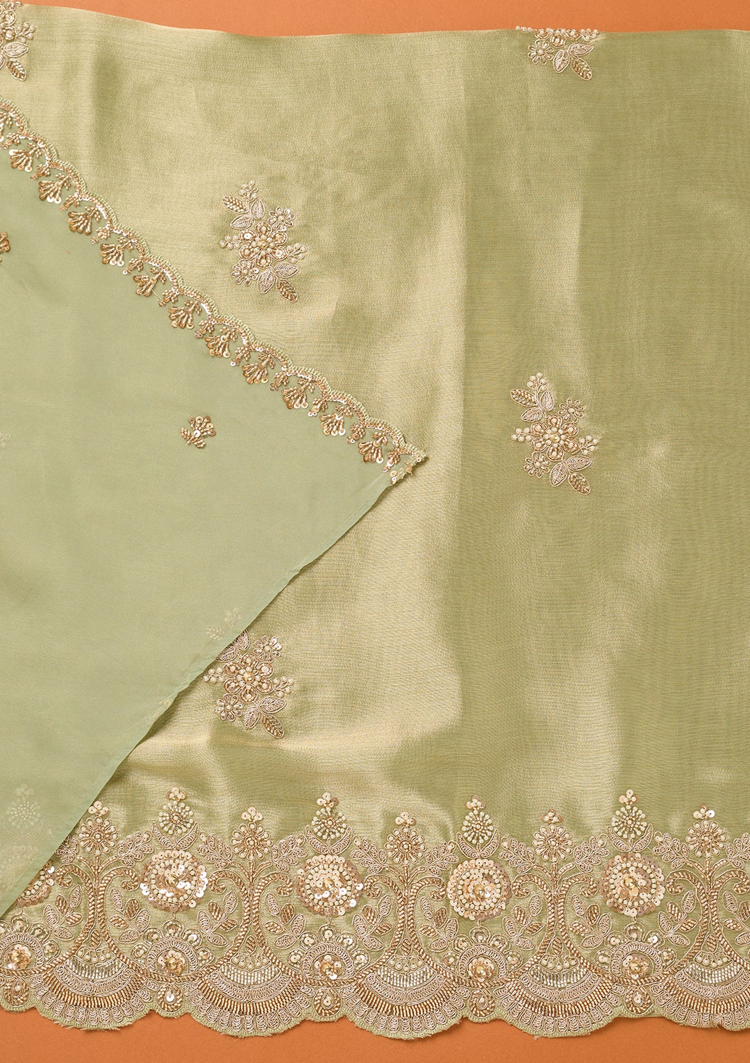 Sea Green Tissue Cutdana Unstitched Dress Material With Matching Bottom And Dupatta