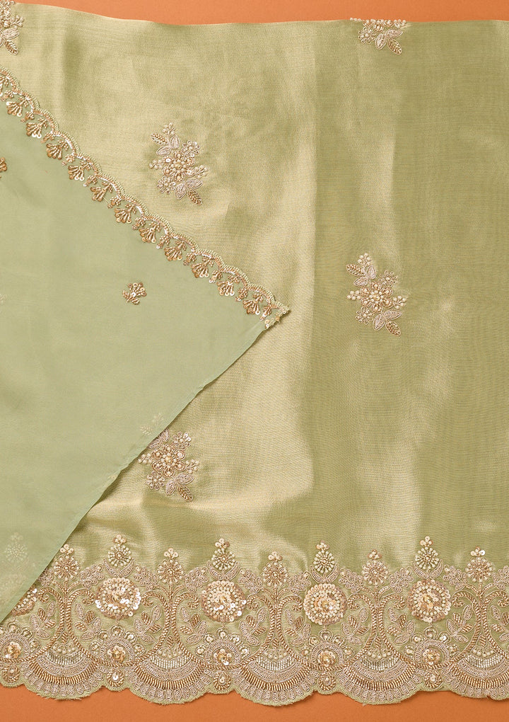 Sea Green Tissue Cutdana Unstitched Dress Material With Matching Bottom And Dupatta