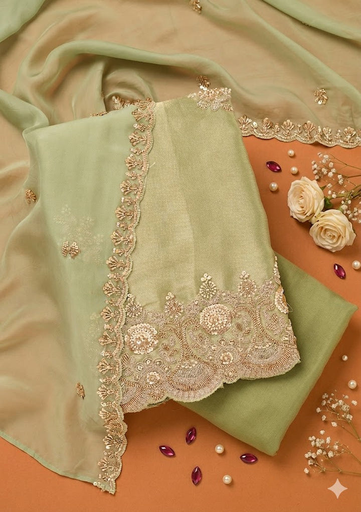 Sea Green Tissue Cutdana Unstitched Dress Material With Matching Bottom And Dupatta