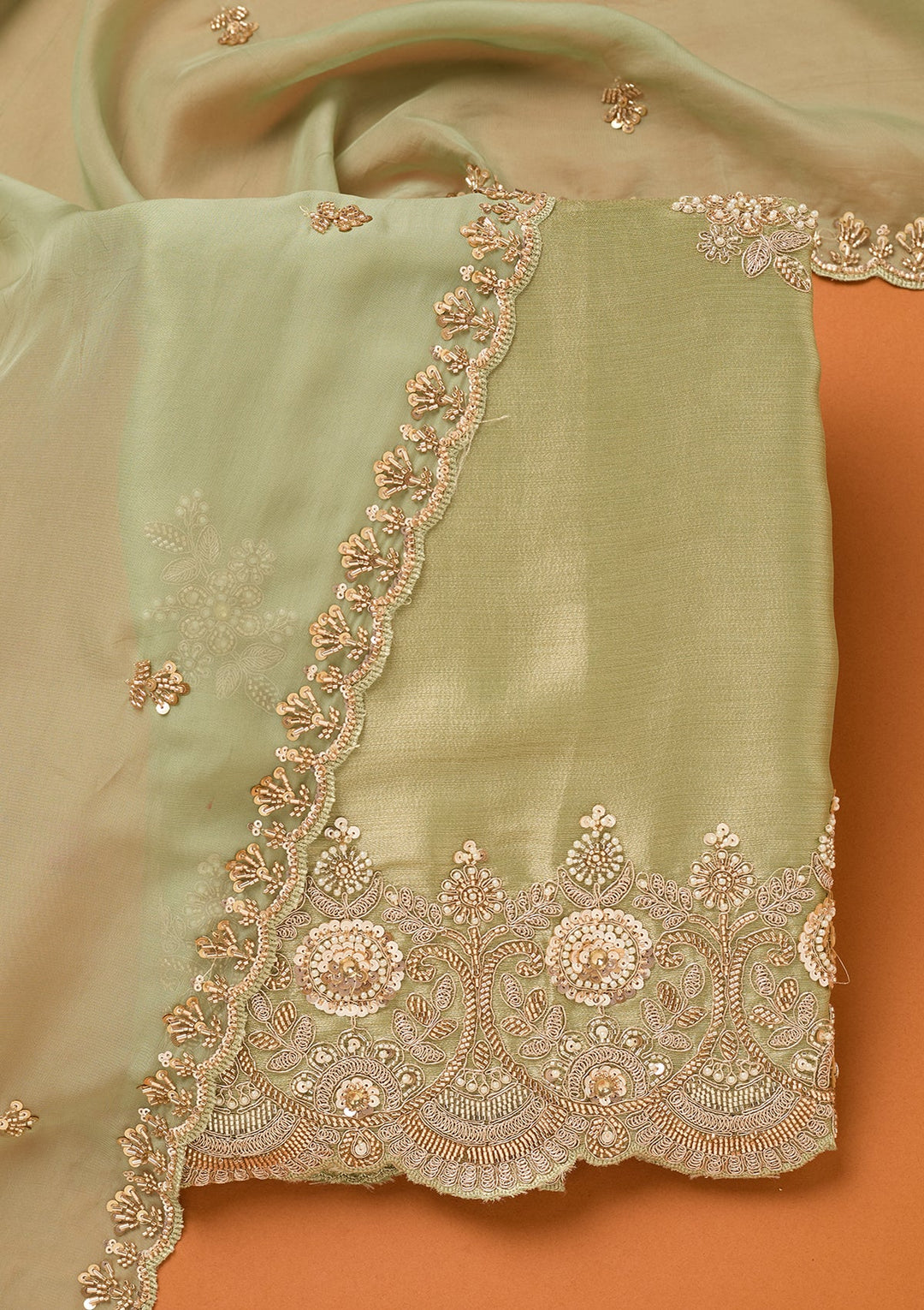 Sea Green Tissue Cutdana Unstitched Dress Material With Matching Bottom And Dupatta