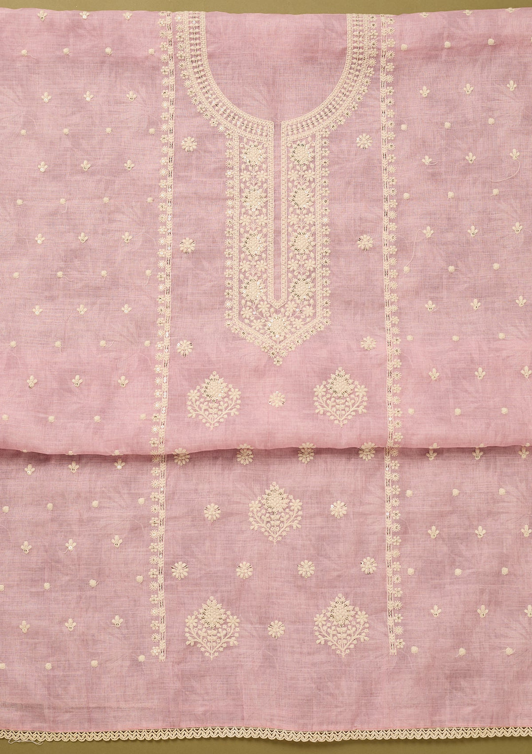 Baby Pink Threadwork Cotton Unstitched Salwar Suit