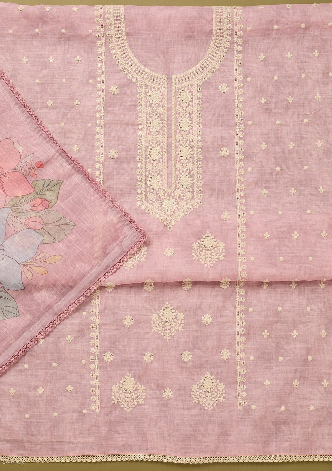 Baby Pink Threadwork Cotton Unstitched Salwar Suit