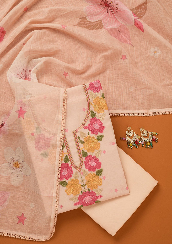 Light Peach Threadwork Linen Unstitched Salwar Suit