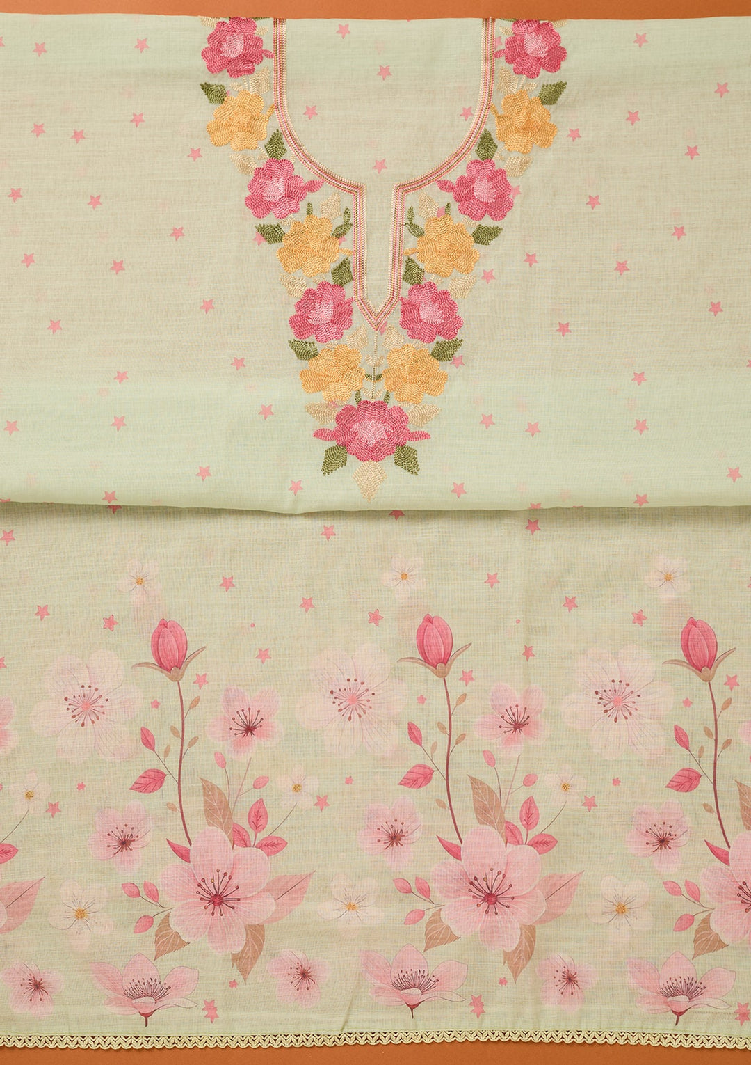 Pista Green Threadwork Linen Unstitched Salwar Suit