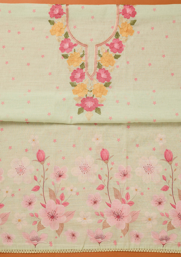 Pista Green Threadwork Linen Unstitched Salwar Suit