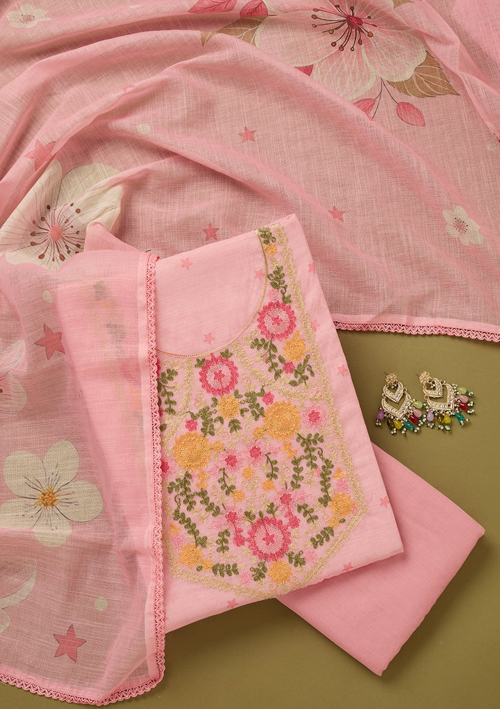 Baby Pink Threadwork Linen Unstitched Salwar Suit