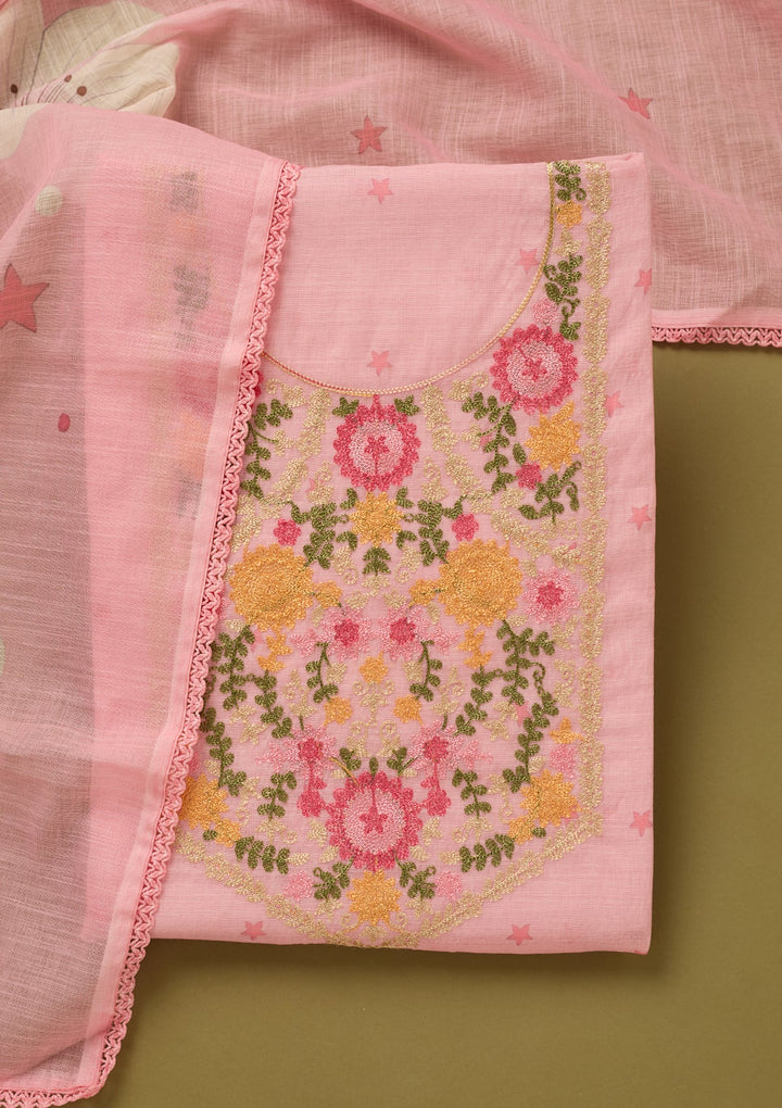 Baby Pink Threadwork Linen Unstitched Salwar Suit