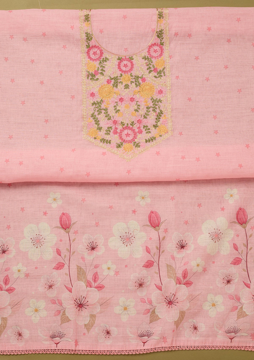 Baby Pink Threadwork Linen Unstitched Salwar Suit