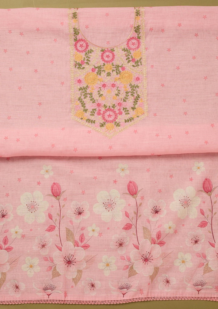 Baby Pink Threadwork Linen Unstitched Salwar Suit