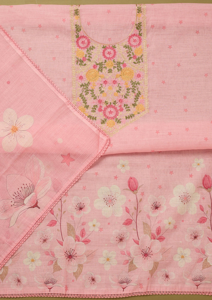 Baby Pink Threadwork Linen Unstitched Salwar Suit
