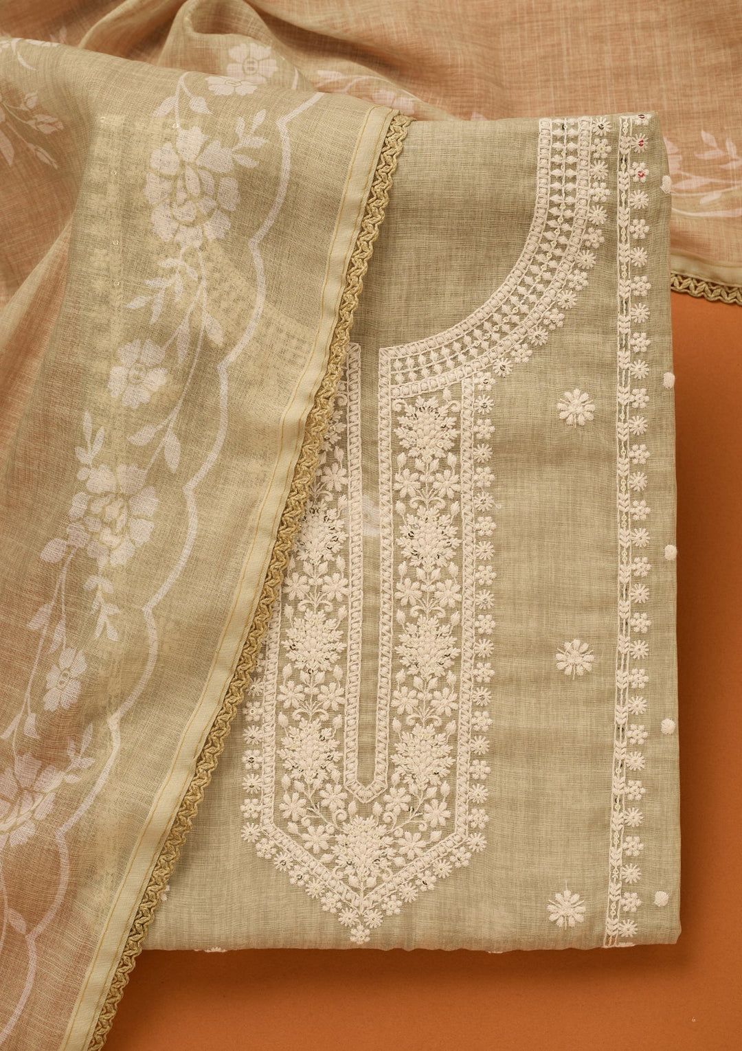 Pista Green Threadwork Cotton Unstitched Salwar Suit