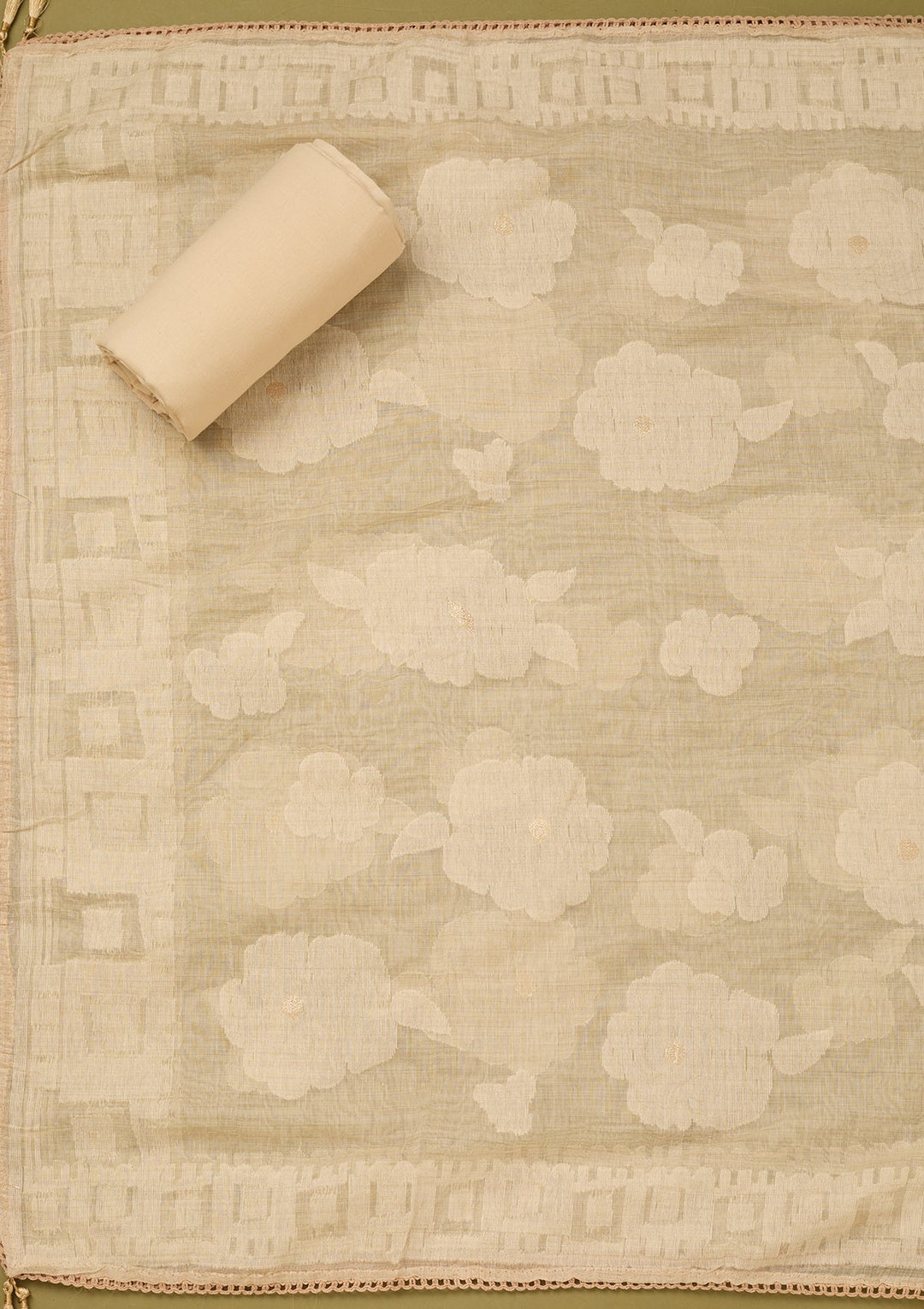 Beige Cotton Threadwork Unstitched Dress Material With Matching Bottom And Dupatta