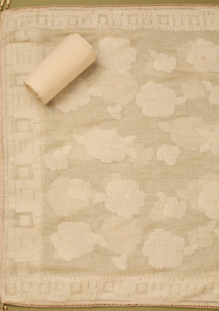 Beige Cotton Threadwork Unstitched Dress Material With Matching Bottom And Dupatta