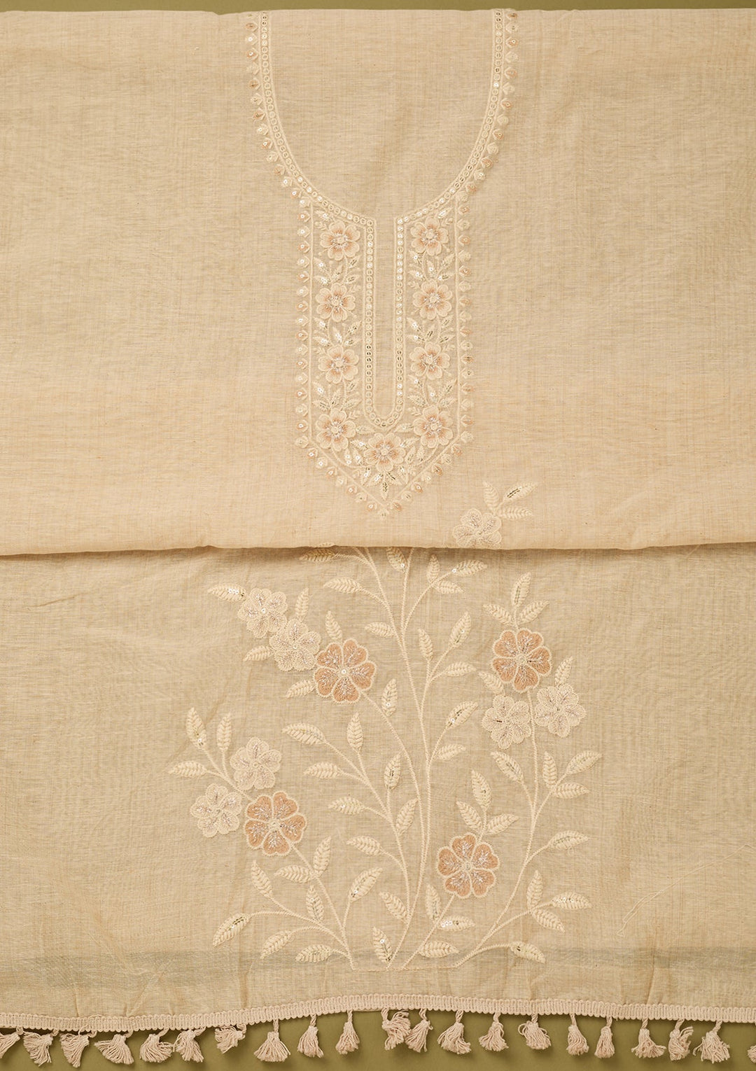 Beige Cotton Threadwork Unstitched Dress Material With Matching Bottom And Dupatta