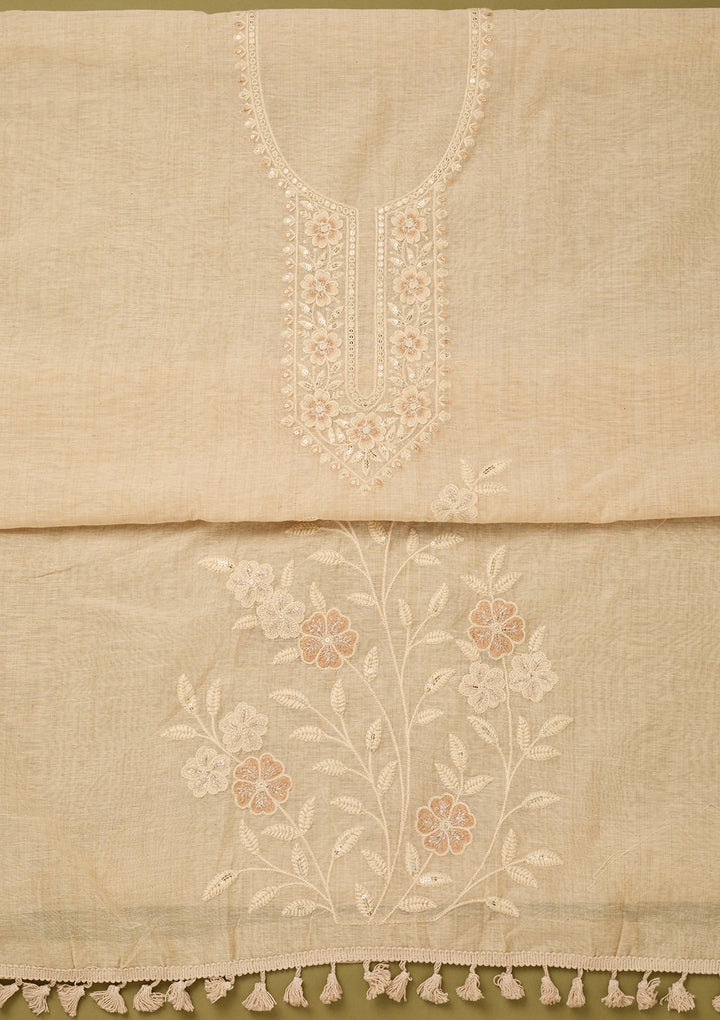 Beige Cotton Threadwork Unstitched Dress Material With Matching Bottom And Dupatta