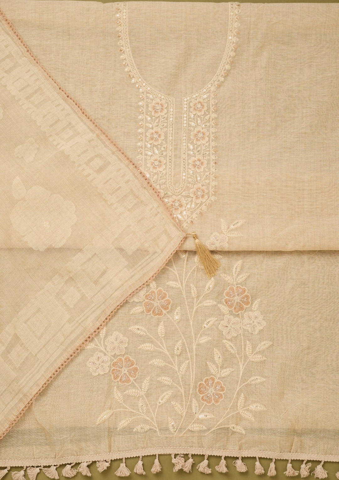 Beige Cotton Threadwork Unstitched Dress Material With Matching Bottom And Dupatta