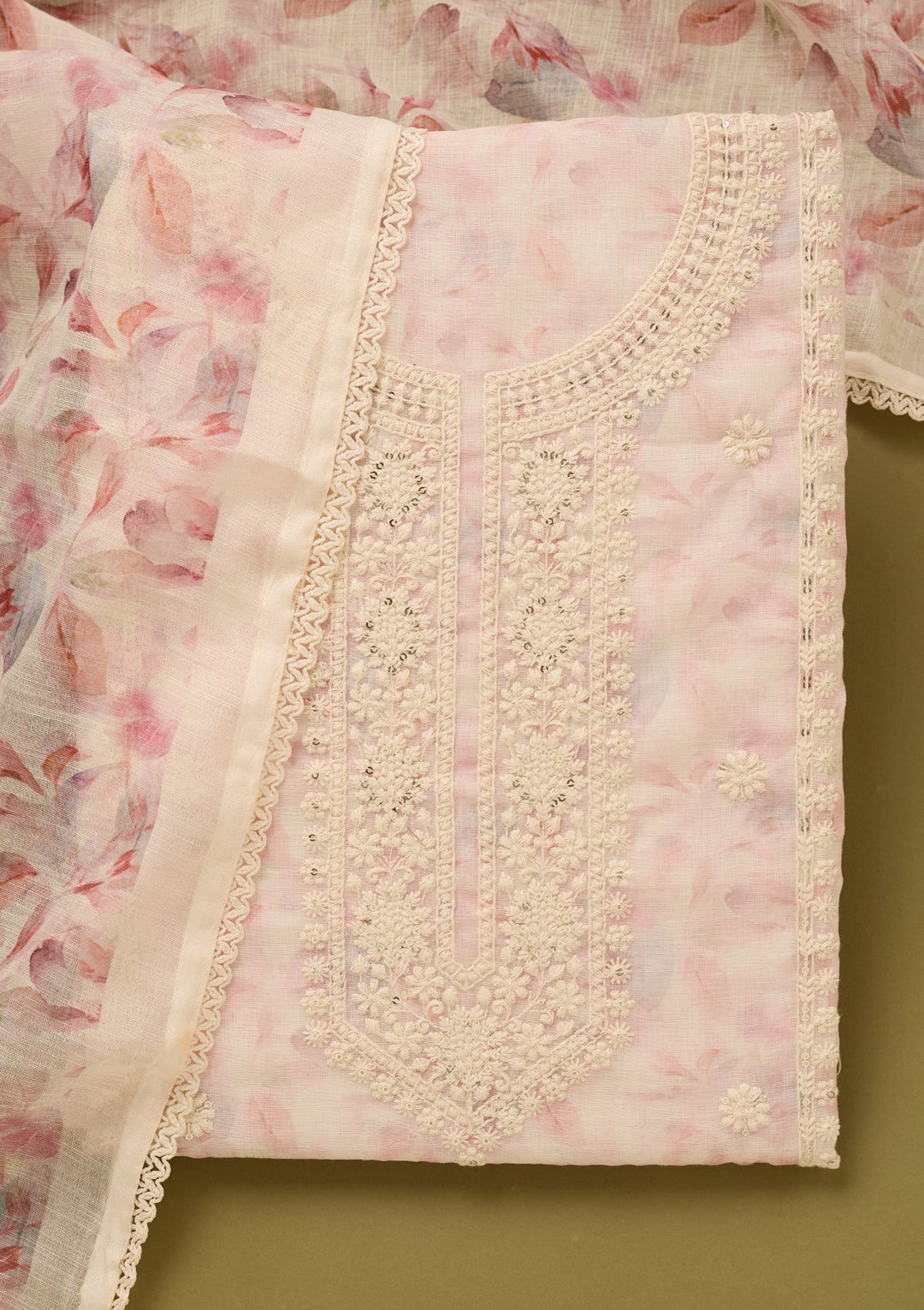 Baby Pink Threadwork Cotton Unstitched Salwar Suit