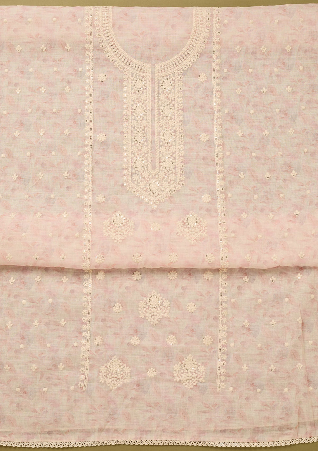 Baby Pink Threadwork Cotton Unstitched Salwar Suit