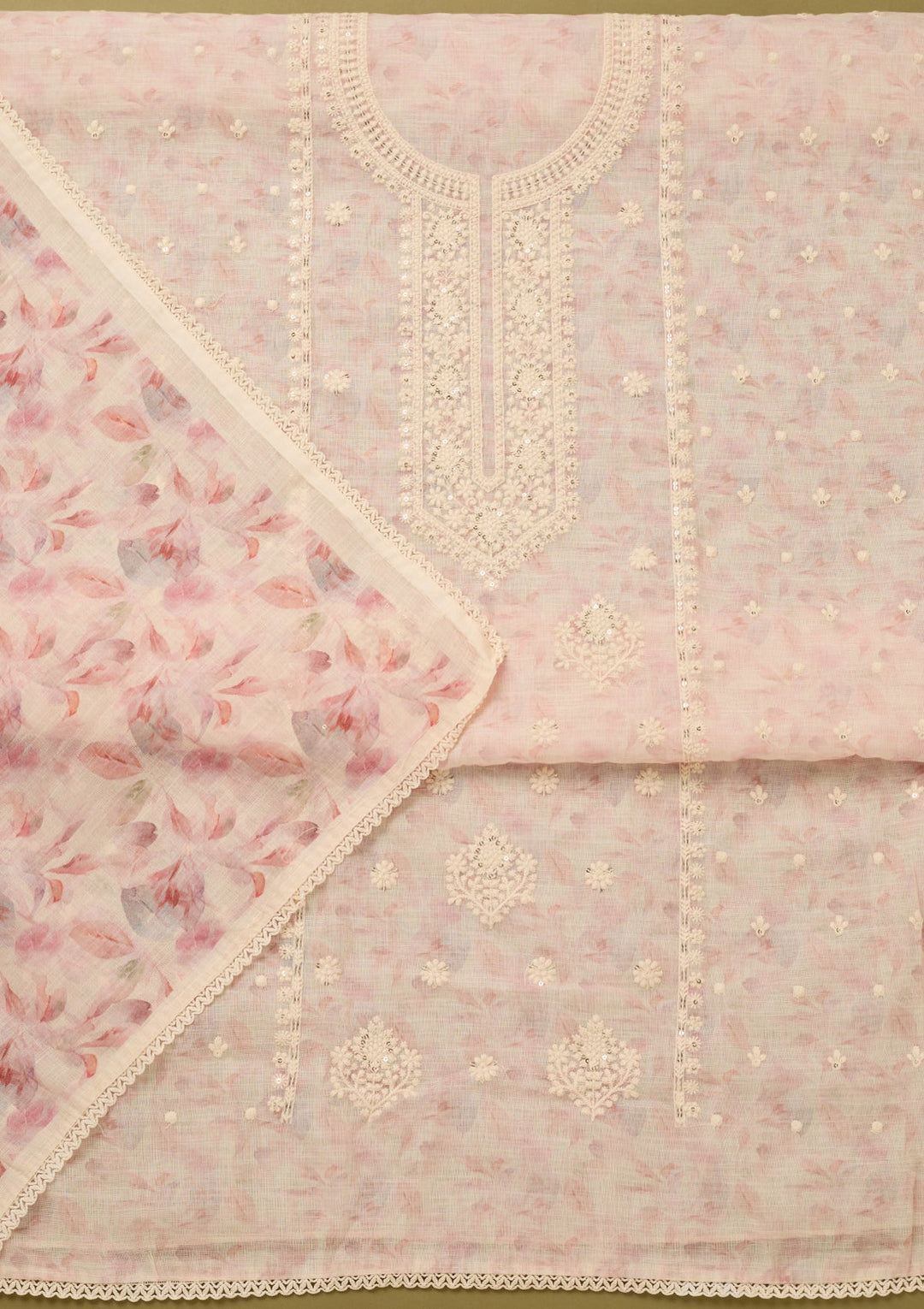 Baby Pink Threadwork Cotton Unstitched Salwar Suit