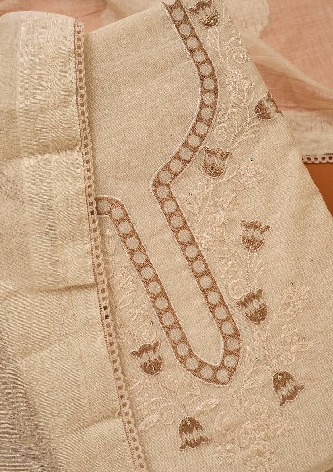 Beige Threadwork Cotton Unstitched Salwar Suit