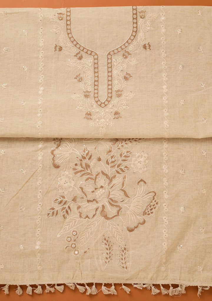 Beige Threadwork Cotton Unstitched Salwar Suit