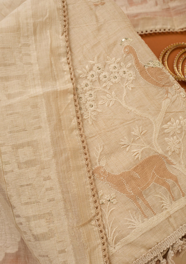 Cream Threadwork Cotton Unstitched Salwar Suit
