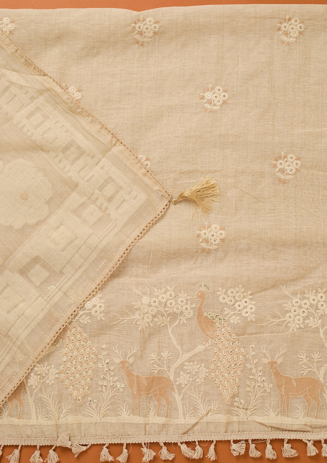 Cream Threadwork Cotton Unstitched Salwar Suit