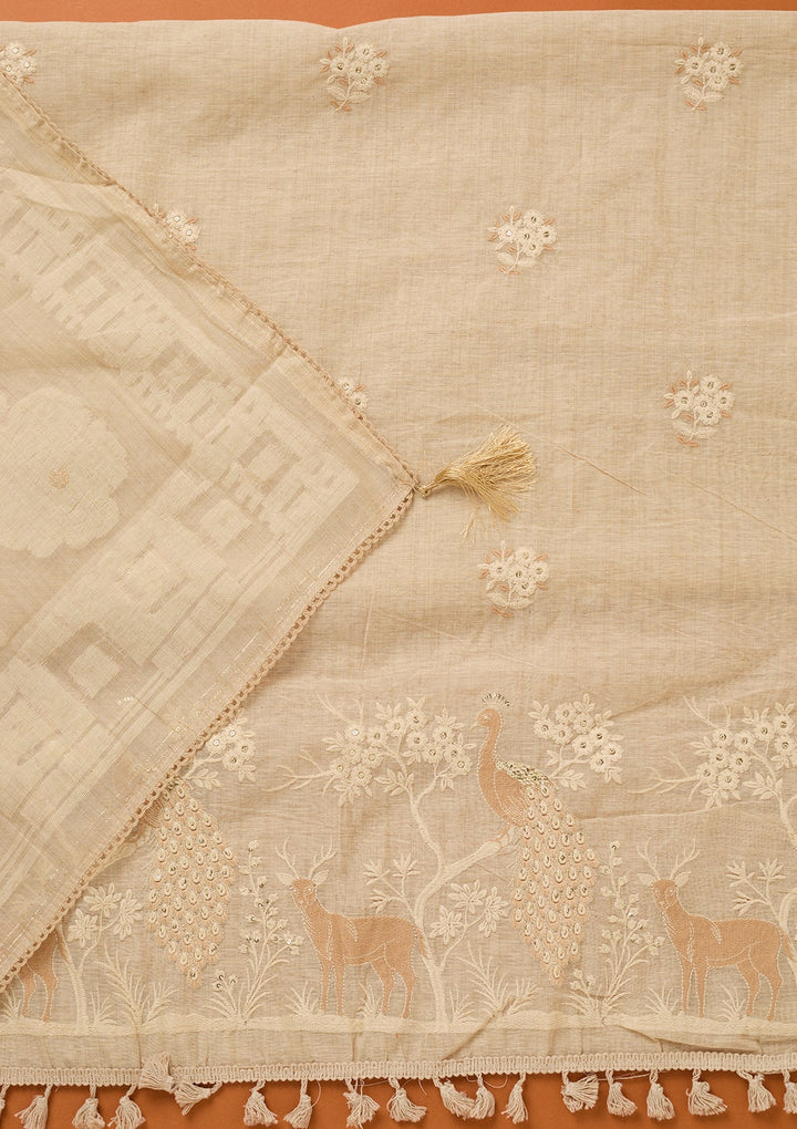 Cream Threadwork Cotton Unstitched Salwar Suit