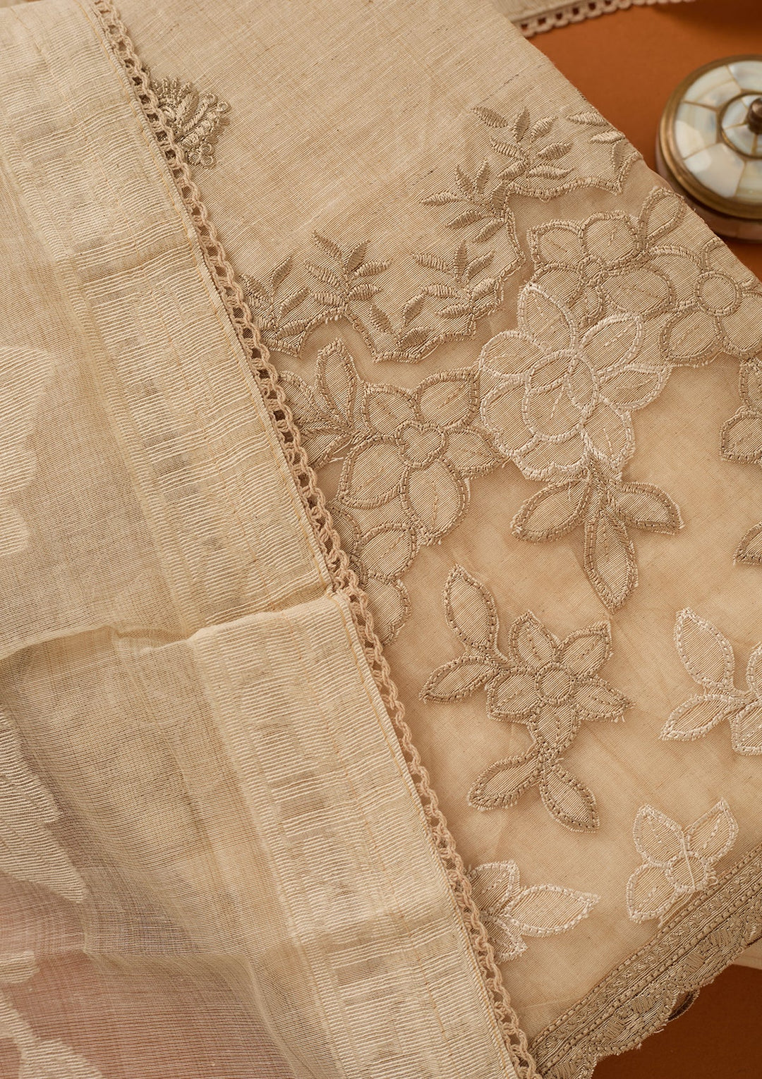 Beige Threadwork Cotton Unstitched Salwar Suit