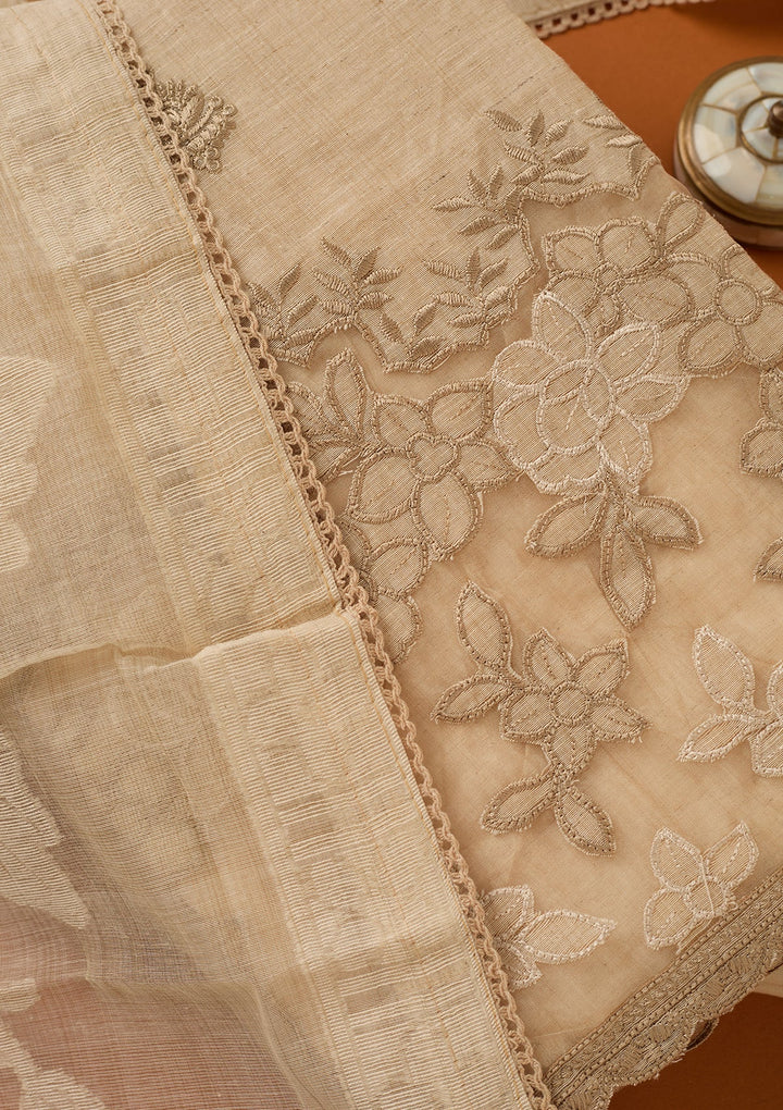 Beige Threadwork Cotton Unstitched Salwar Suit
