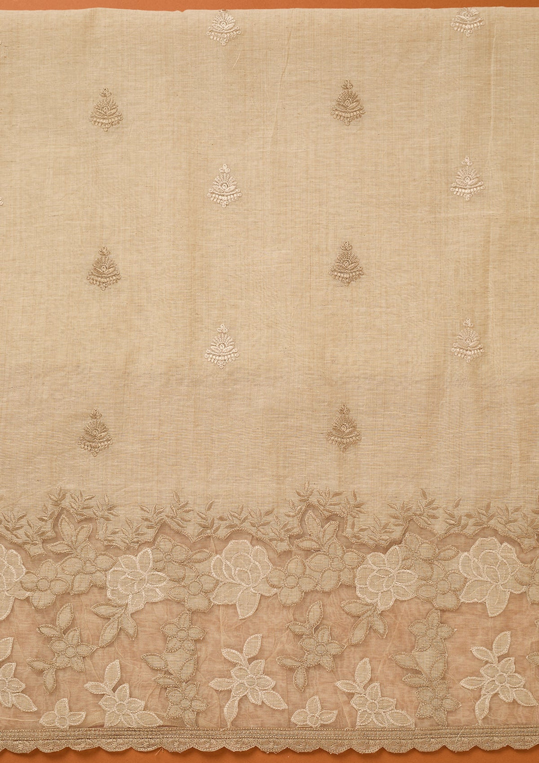 Beige Threadwork Cotton Unstitched Salwar Suit