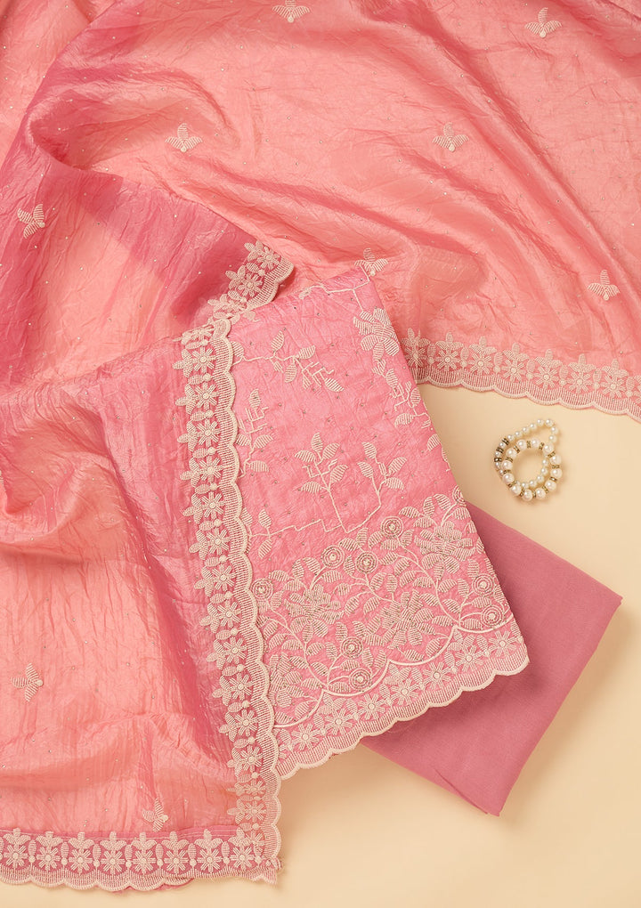 Pink Crepe Threadwork Unstitched Dress Material With Matching Bottom And Dupatta