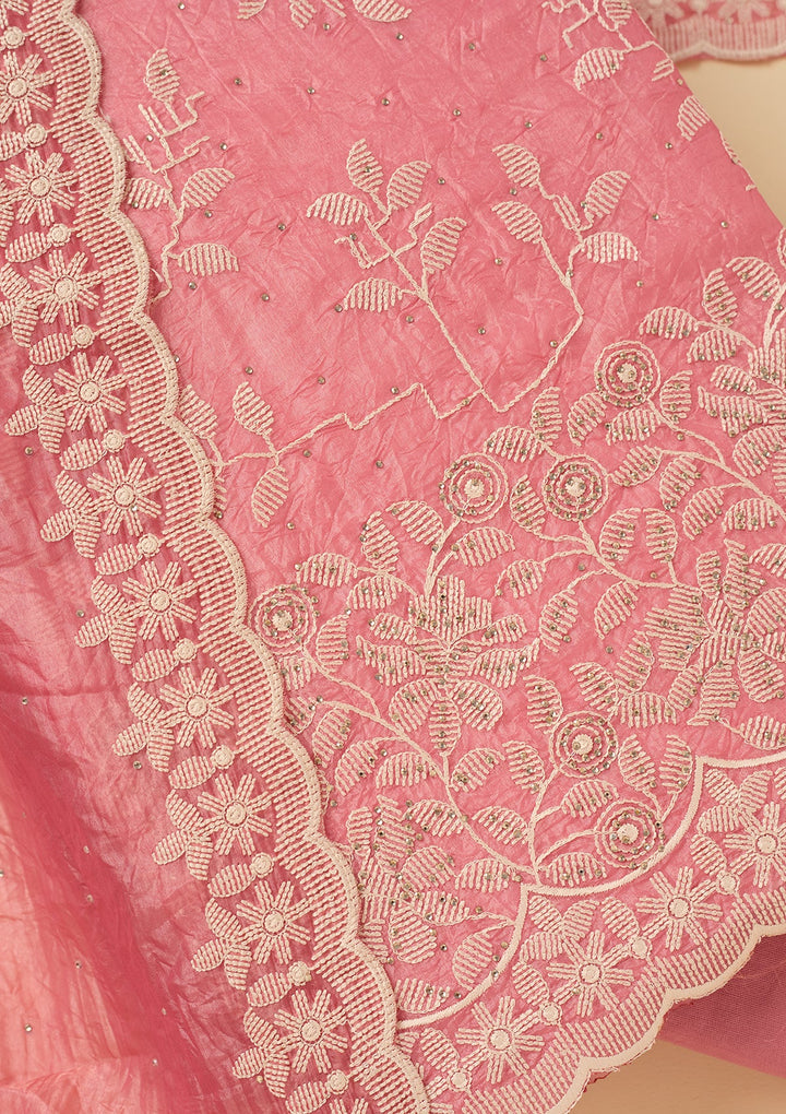 Pink Crepe Threadwork Unstitched Dress Material With Matching Bottom And Dupatta