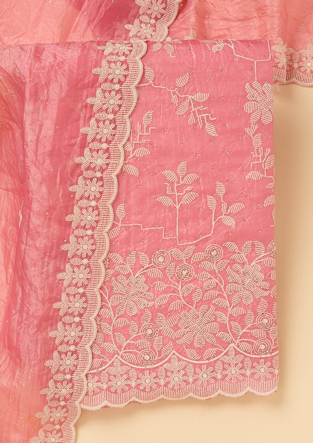 Pink Crepe Threadwork Unstitched Dress Material With Matching Bottom And Dupatta