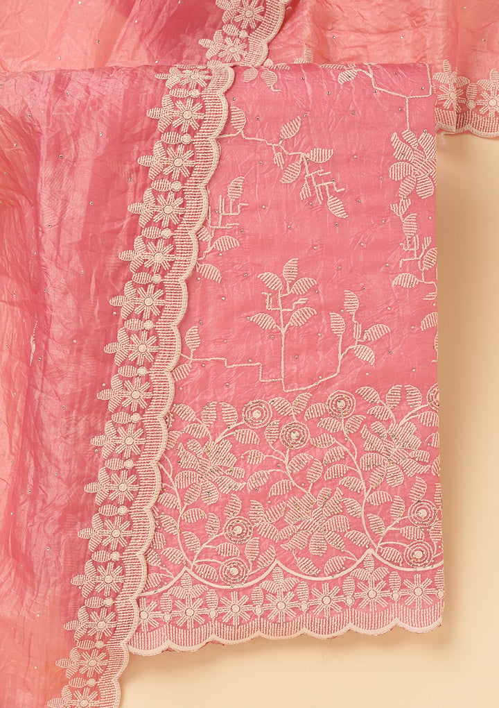 Pink Crepe Threadwork Unstitched Dress Material With Matching Bottom And Dupatta