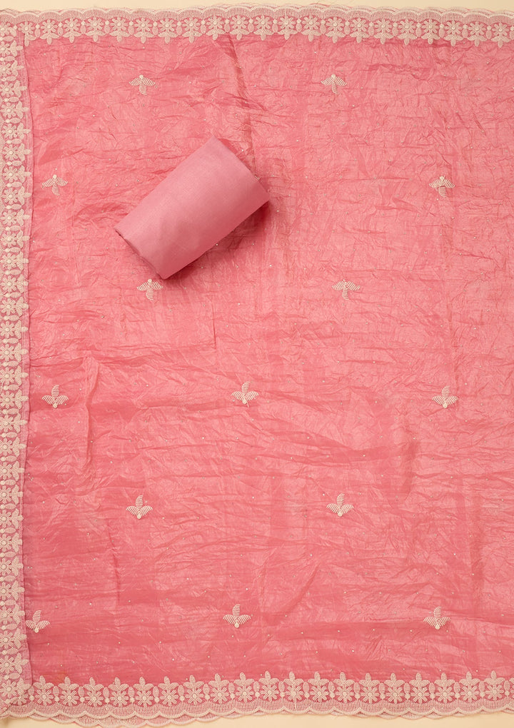 Pink Crepe Threadwork Unstitched Dress Material With Matching Bottom And Dupatta
