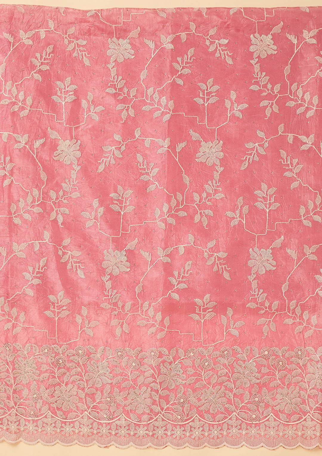 Pink Crepe Threadwork Unstitched Dress Material With Matching Bottom And Dupatta