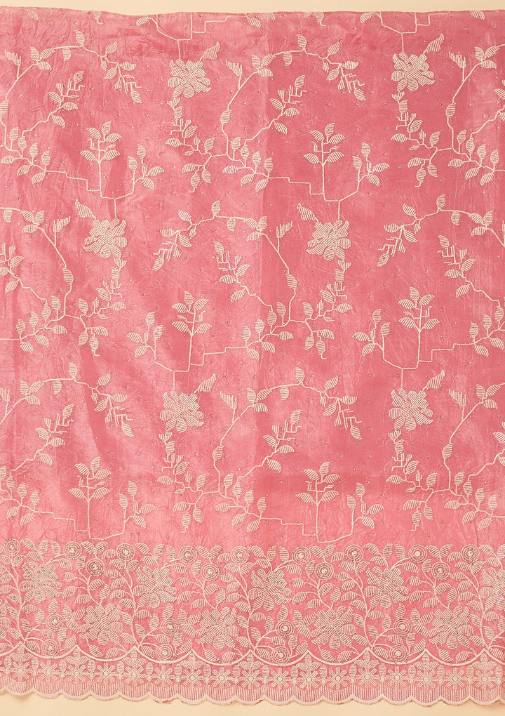 Pink Crepe Threadwork Unstitched Dress Material With Matching Bottom And Dupatta