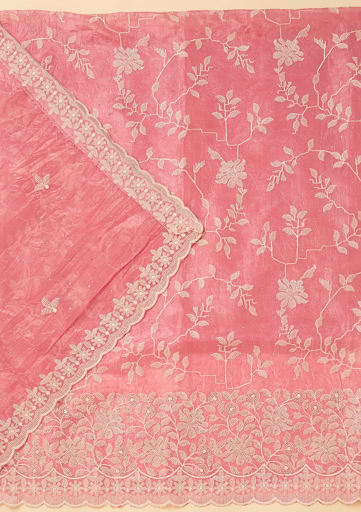 Pink Crepe Threadwork Unstitched Dress Material With Matching Bottom And Dupatta