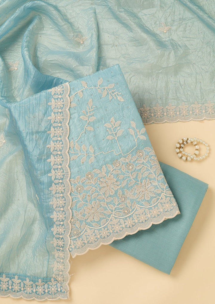 Sky Blue Crepe Threadwork Unstitched Dress Material With Matching Bottom And Dupatta