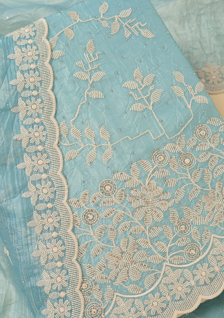 Sky Blue Crepe Threadwork Unstitched Dress Material With Matching Bottom And Dupatta