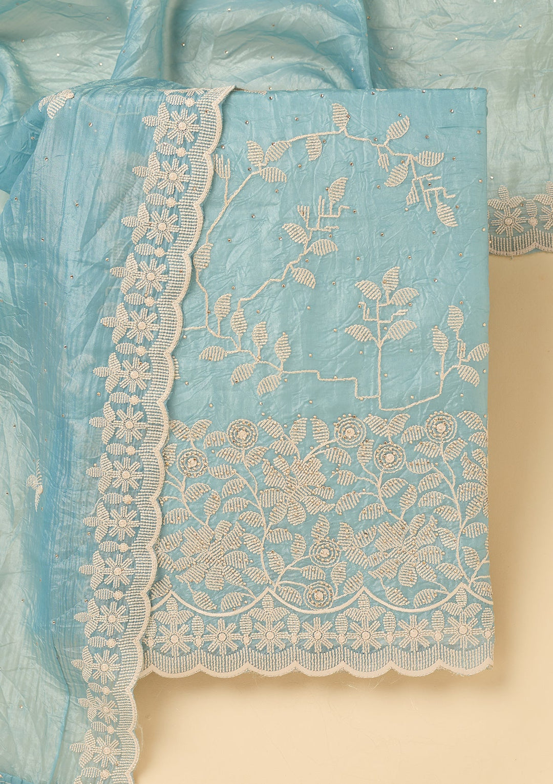 Sky Blue Crepe Threadwork Unstitched Dress Material With Matching Bottom And Dupatta