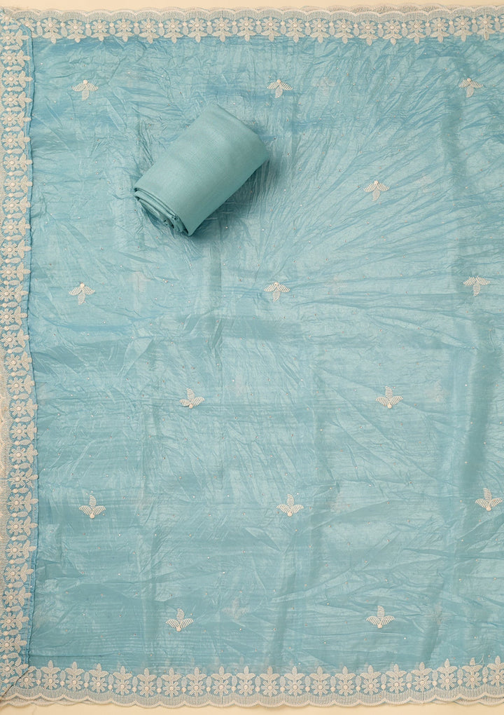 Sky Blue Crepe Threadwork Unstitched Dress Material With Matching Bottom And Dupatta