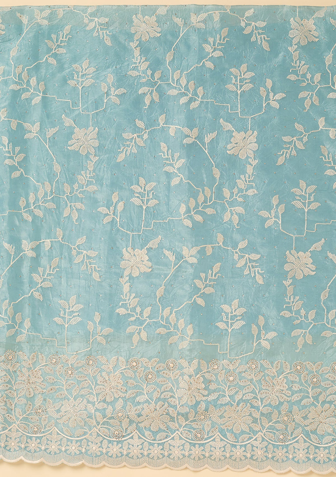 Sky Blue Crepe Threadwork Unstitched Dress Material With Matching Bottom And Dupatta