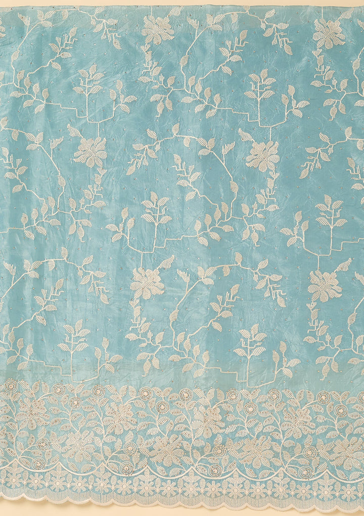 Sky Blue Crepe Threadwork Unstitched Dress Material With Matching Bottom And Dupatta
