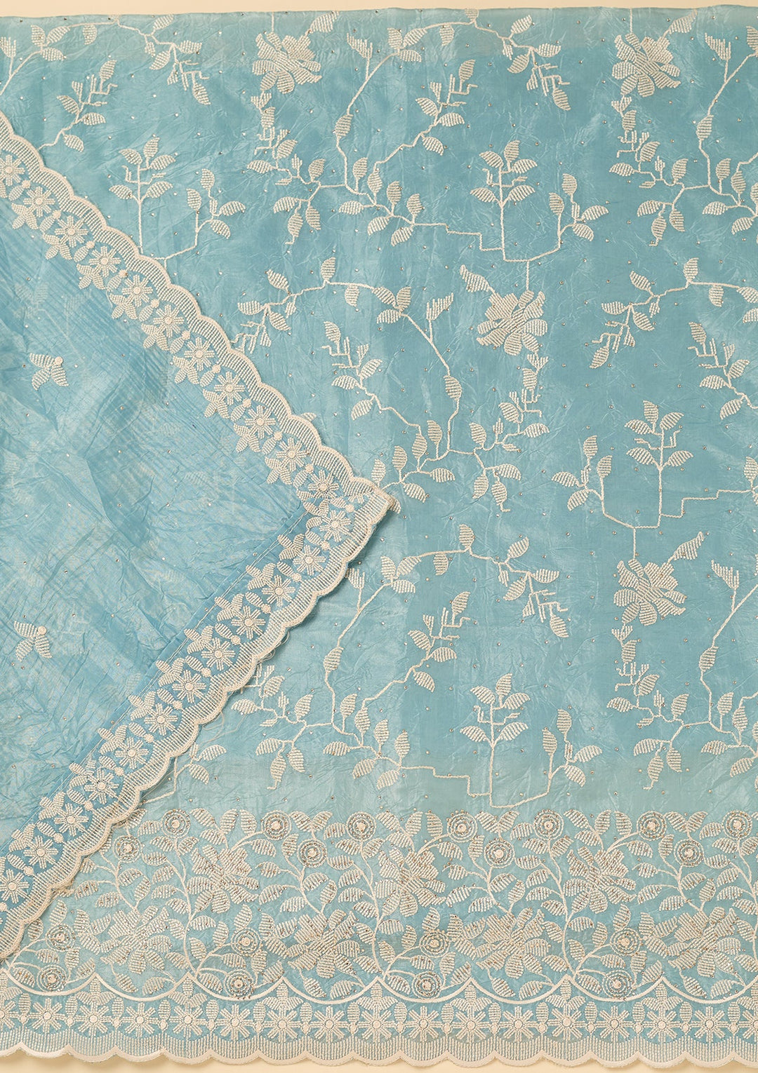 Sky Blue Crepe Threadwork Unstitched Dress Material With Matching Bottom And Dupatta